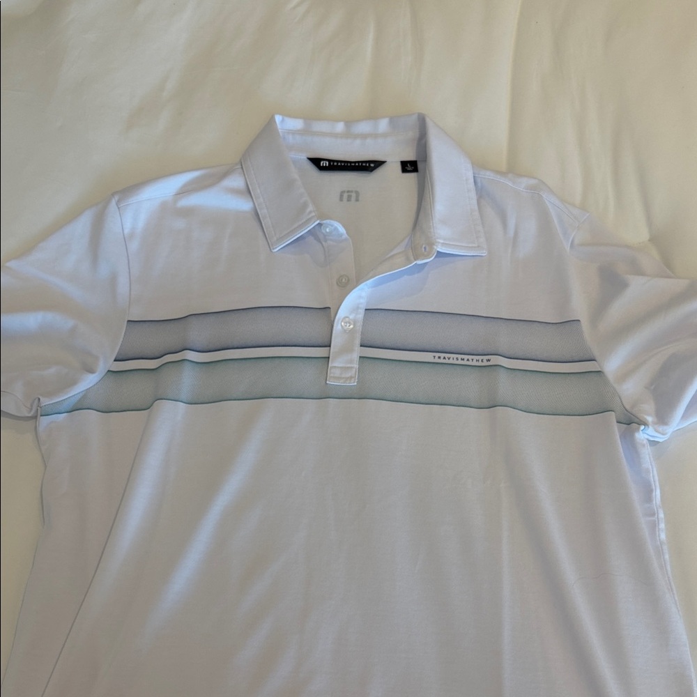 Travis Mathew White and Blue Striped Polo Shirt